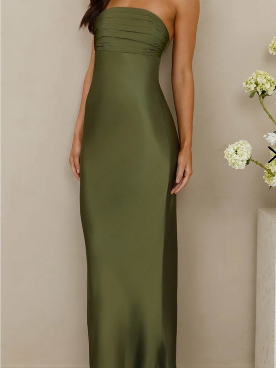 Hello Molly Dresses & Skirts - Strapless Satin Maxi Olive Dress
